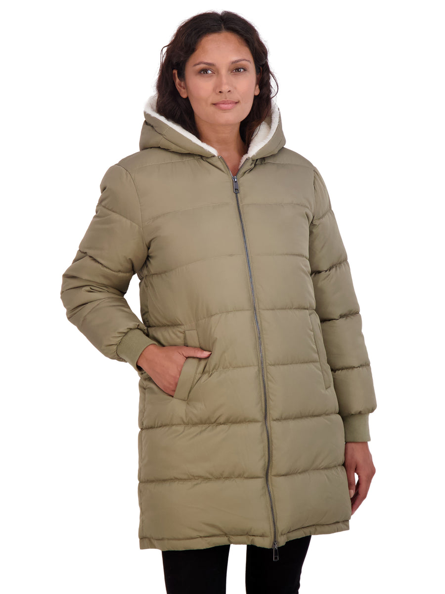 Sebby Collection Women's Puffer Jacket Reversible to Cozy Faux Fur with  Hood Black Small