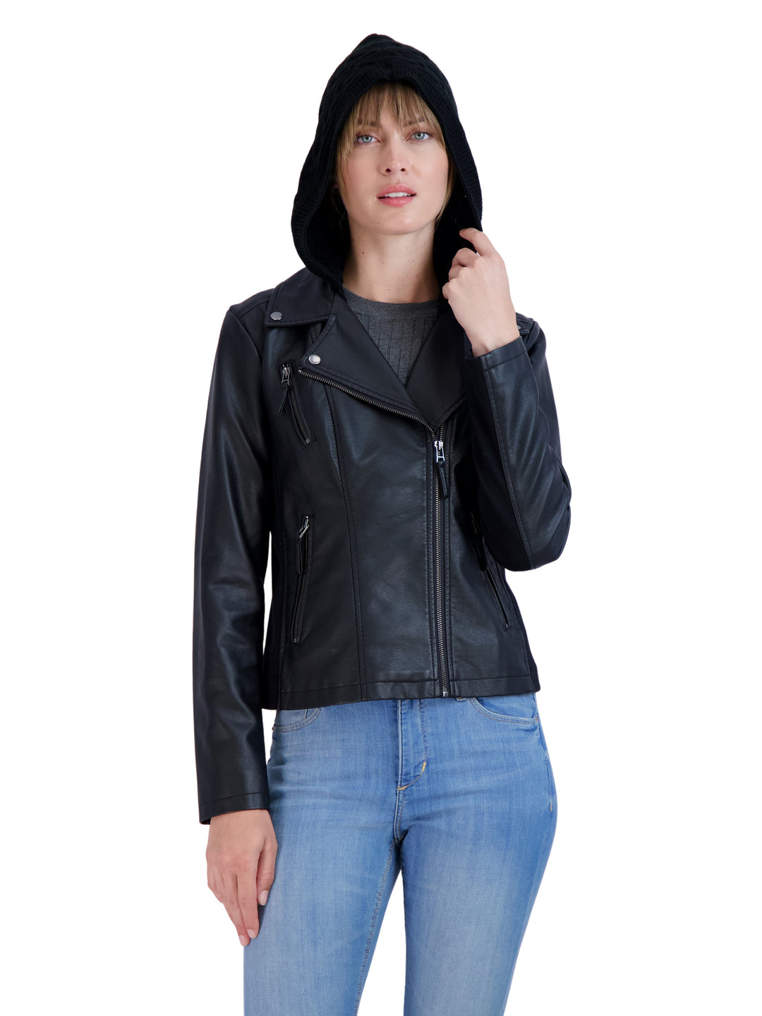 Sebby Collection Women's Faux Leather Moto with Detachable Sweater Hoo